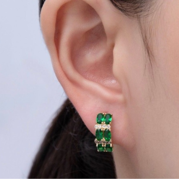 14K Gold Filled Green CZ Oval Huggie Earrings | Emerald Look Hoops - Picture 5 of 9